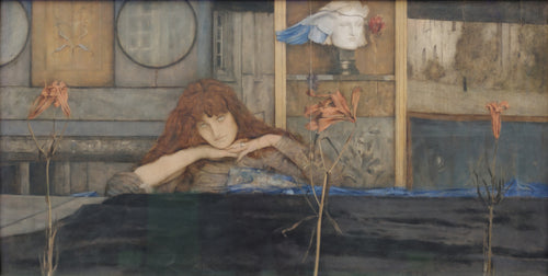 I Lock My Door upon Myself by Fernand Khnopff — A red-haired woman rests her chin on her hands amid withering lilies
