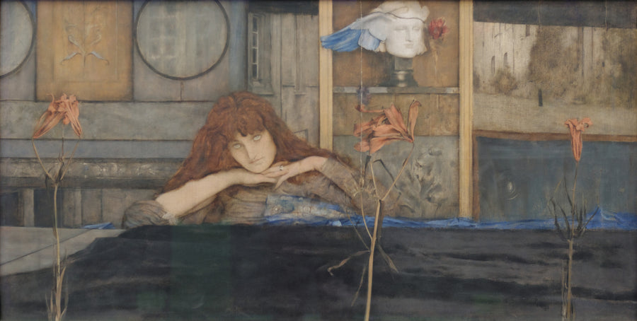 Fernand Khnopff — I Lock My Door upon Myself | Art Print shown to scale on a wall above a sofa