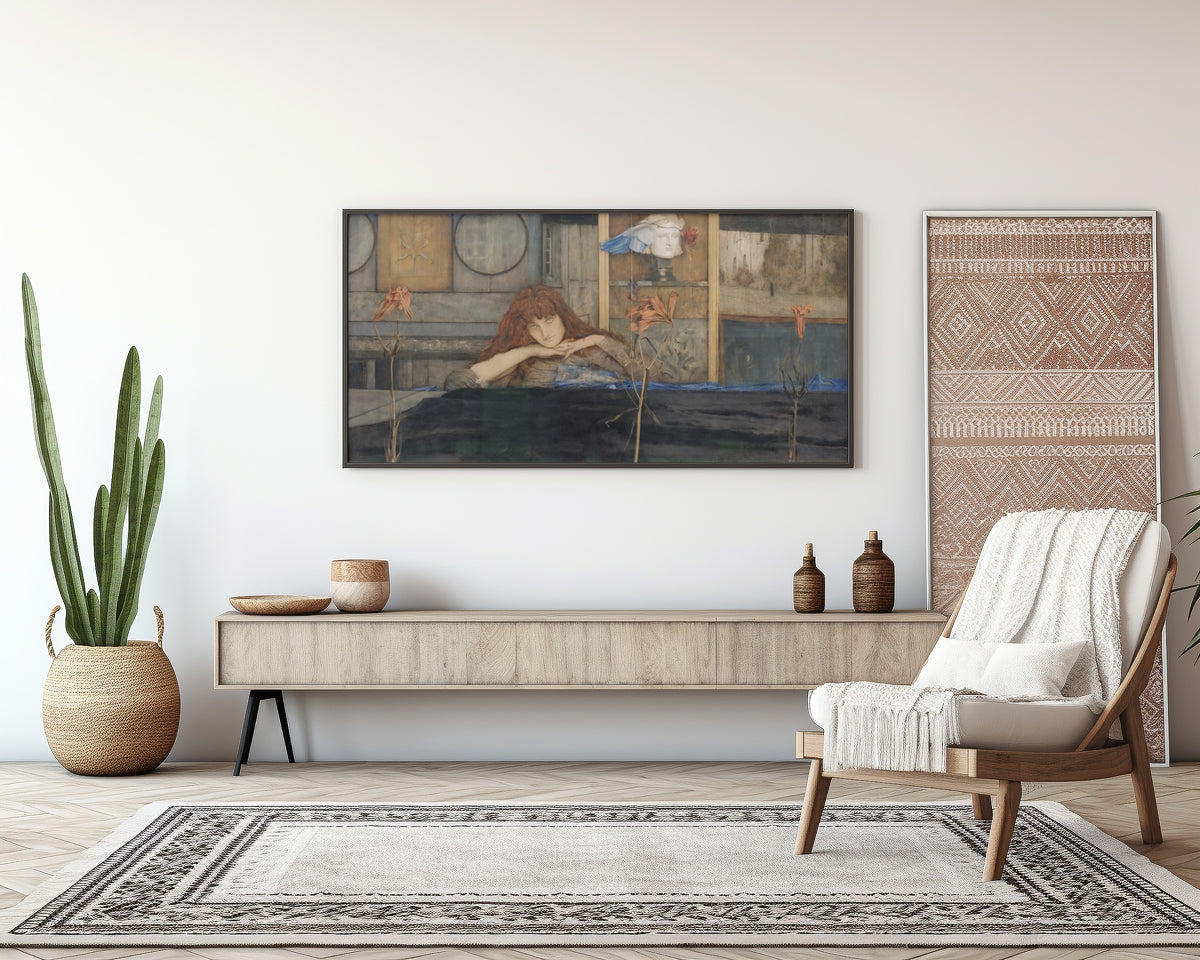 Framed art print of I Lock My Door upon Myself by Fernand Khnopff, above a sideboard in a living room