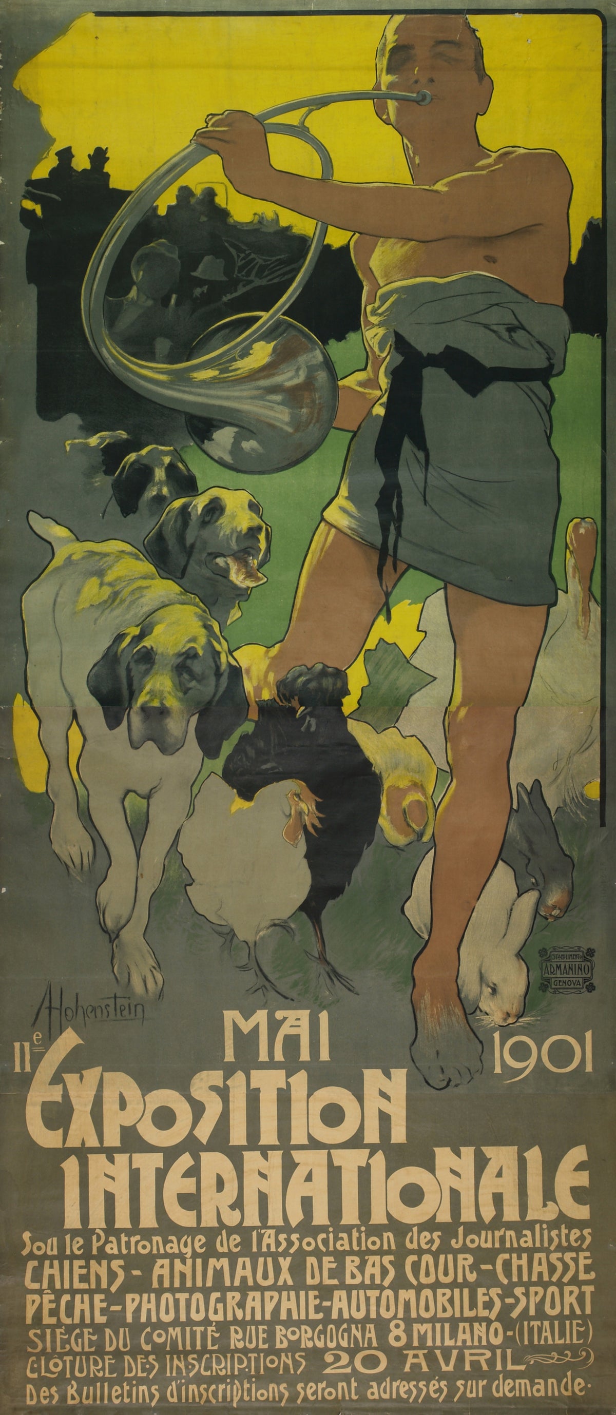 IIe Exposition Internationale, Mai 1901 by Adolfo Hohenstein — A horn-blowing hunter strides past hounds, hens and rabbits