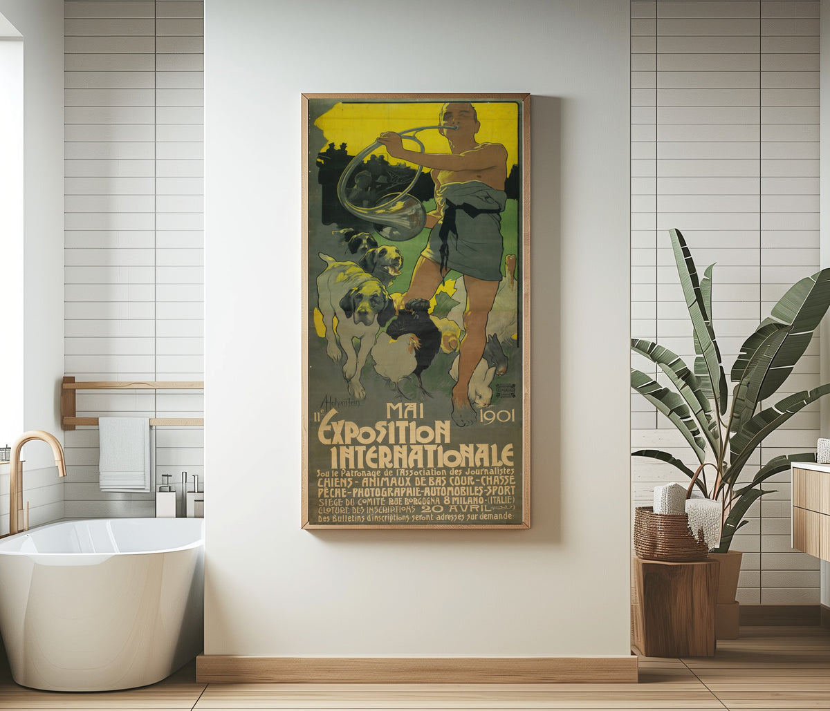 Framed art print of IIe Exposition Internationale, Mai 1901 by Adolfo Hohenstein, in a bathroom beside a freestanding tub