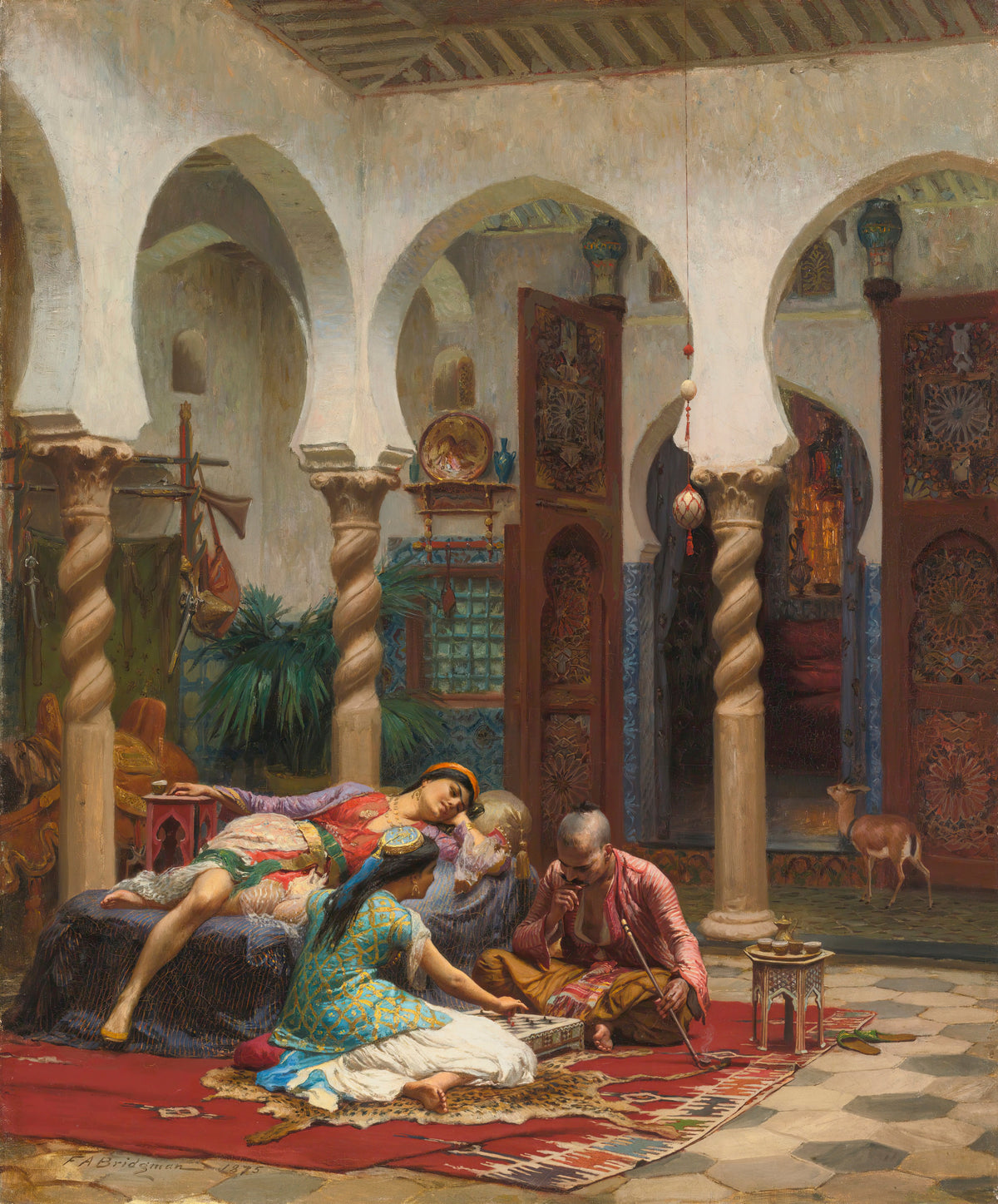 Idle Moments by Frederick Arthur Bridgman — A board game is played on a leopard skin in a pillared courtyard