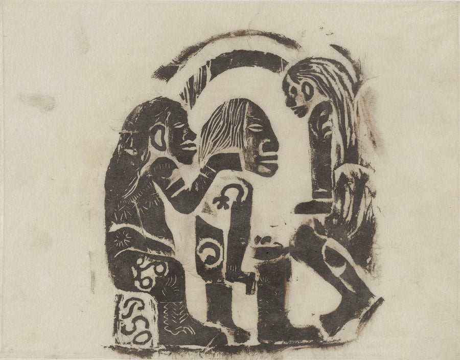 Paul Gauguin — Idol with a Pearl: Scene with Three Figures | Woodcut Print shown to scale on a wall above a sofa