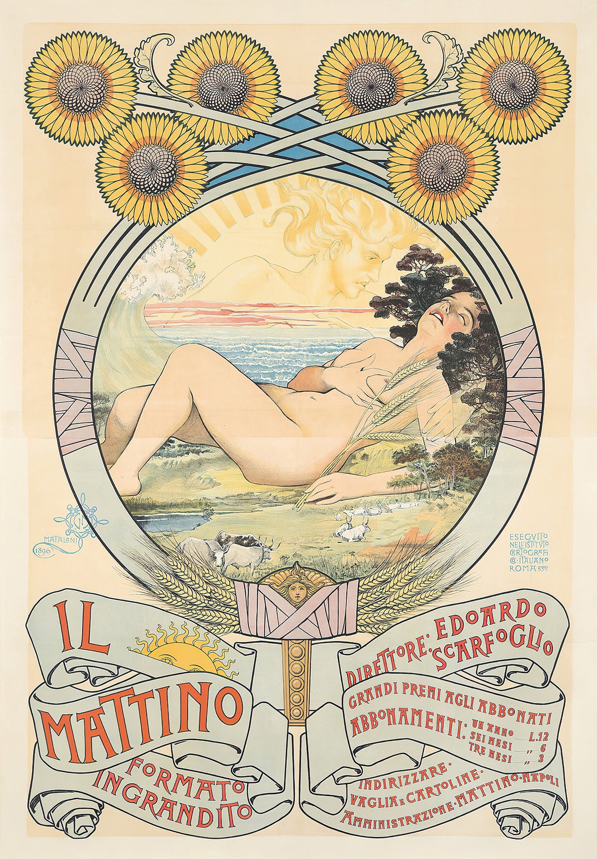 Il Mattino by Giovanni Maria Mataloni — A woman wakes on a sunlit shore as a golden face rises over the sea
