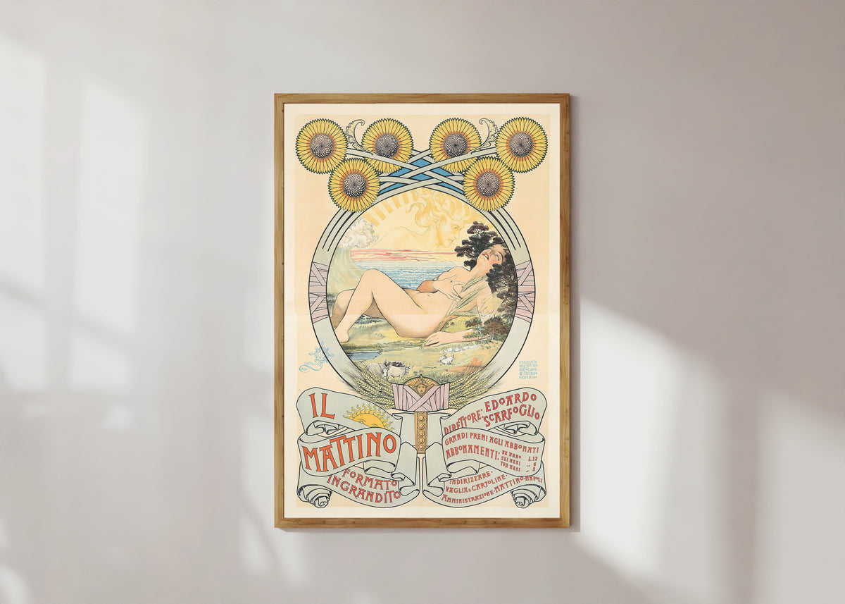 Framed art print of Il Mattino by Giovanni Maria Mataloni, in a light wood frame on a sunlit white wall
