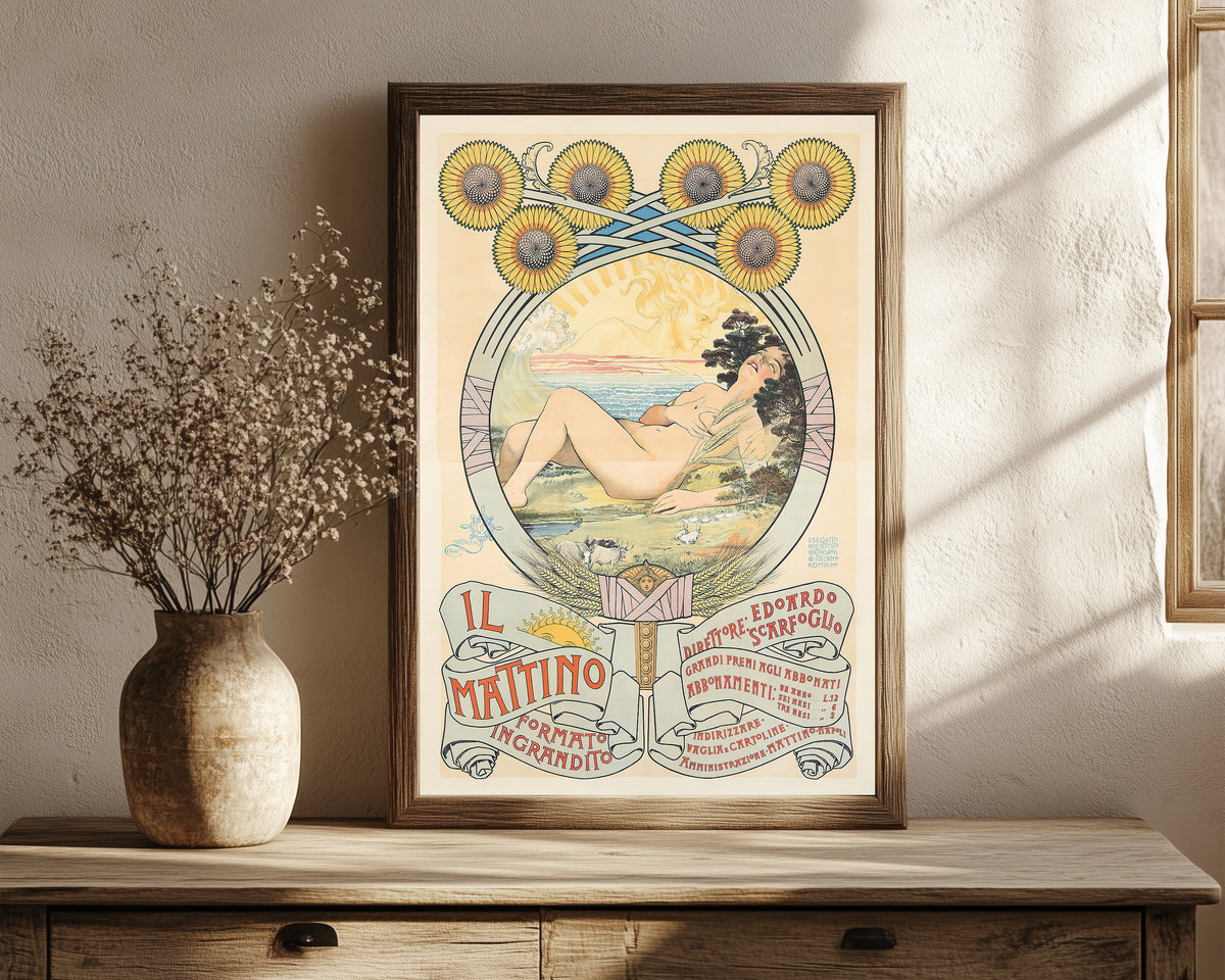 Framed art print of Il Mattino by Giovanni Maria Mataloni, in a dark wood frame leaning on a rustic console beside dried flowers