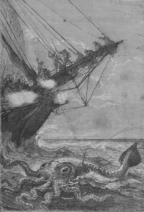 Il l'attaqua à coups de harpon (He attacked it with harpoon blows) by Alphonse de Neuville — Sailors fire and hurl harpoons at a giant squid from a ship's bow
