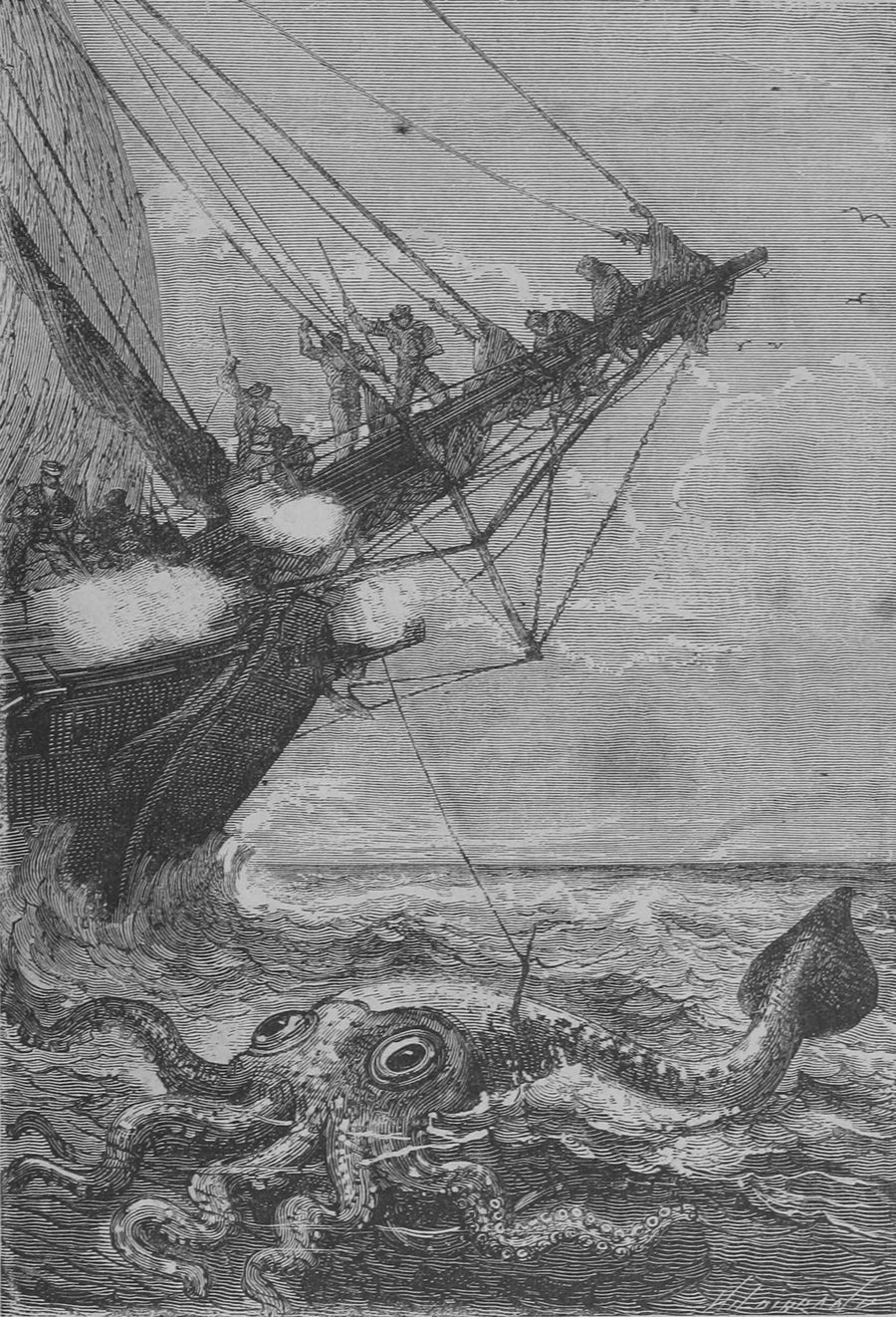 Alphonse de Neuville — Il l'attaqua à coups de harpon (He attacked it with harpoon blows) | Vintage Illustration Print shown to scale on a wall above a sofa