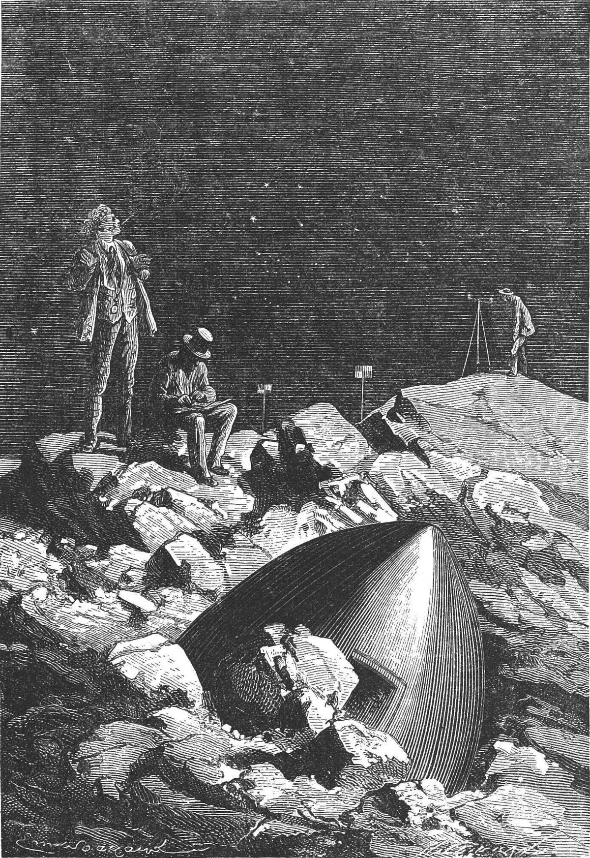 Il me semble que je les vois (I seem to see them) by Émile Bayard — Travellers beside a projectile wedged in moon rock under a starry sky