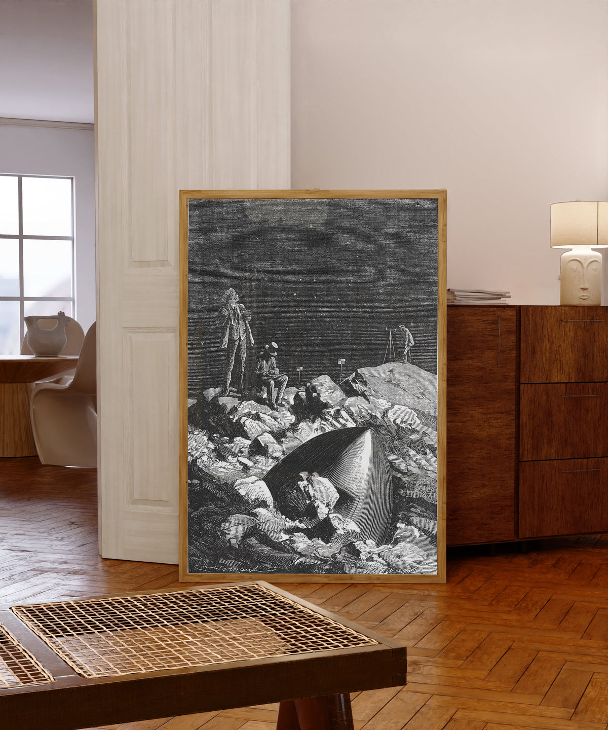 Framed art print of Il me semble que je les vois (I seem to see them) by Émile Bayard, in a light wood frame leaning in a warm room with a parquet floor