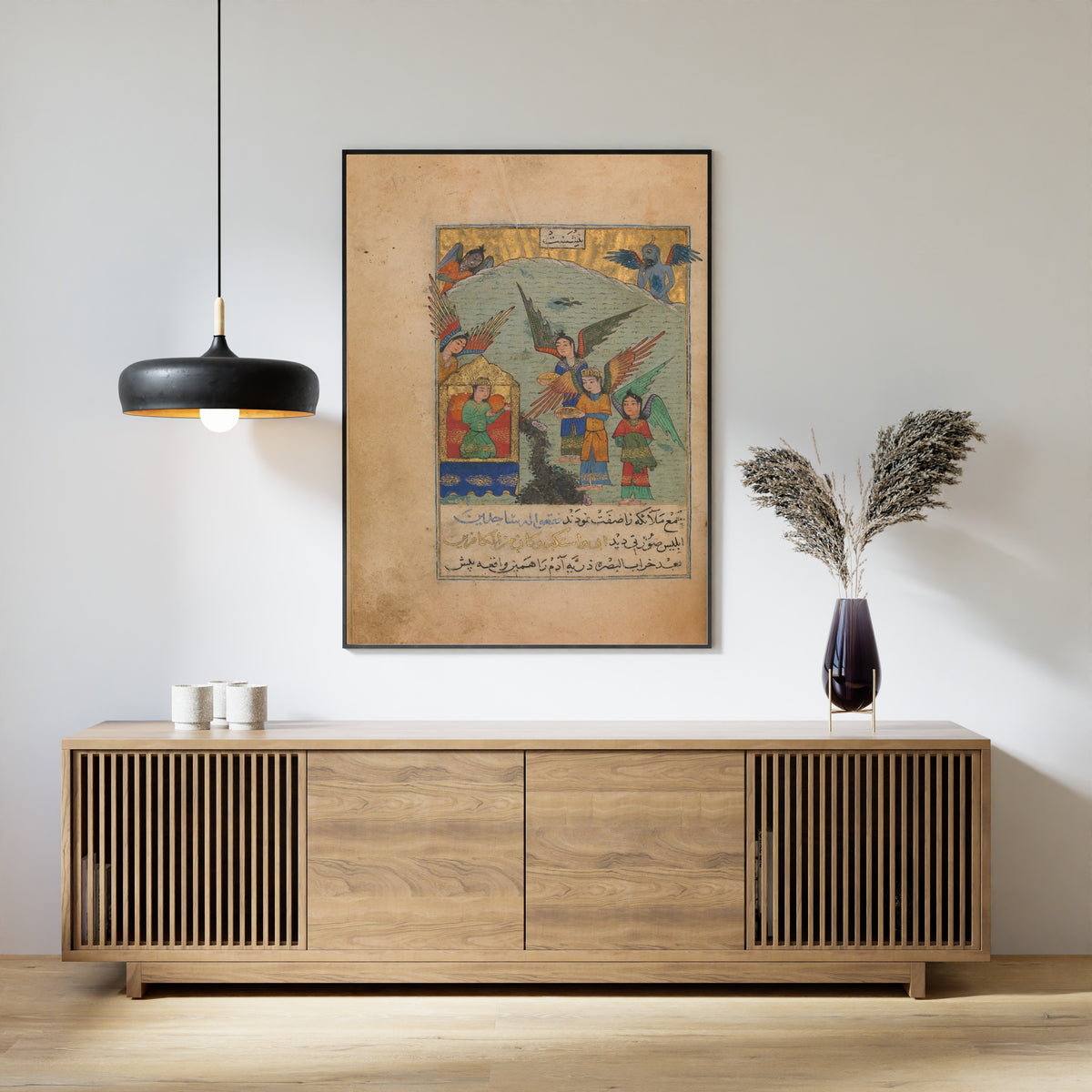 Illustrated Manuscript (Enthroned Figure with Winged Attendants) by Persian Miniature — framed above a slatted wood sideboard