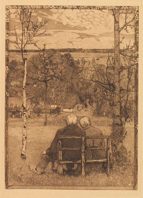 Im Mai by Heinrich Vogeler — An old couple on a bench look out over a village and river plain