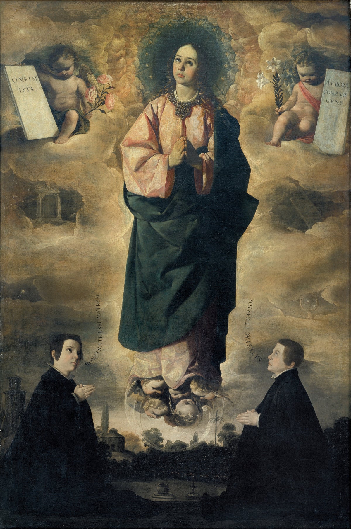 Immaculate Conception by Francisco de Zurbarán — The Virgin in prayer above clouds, two boys kneeling below