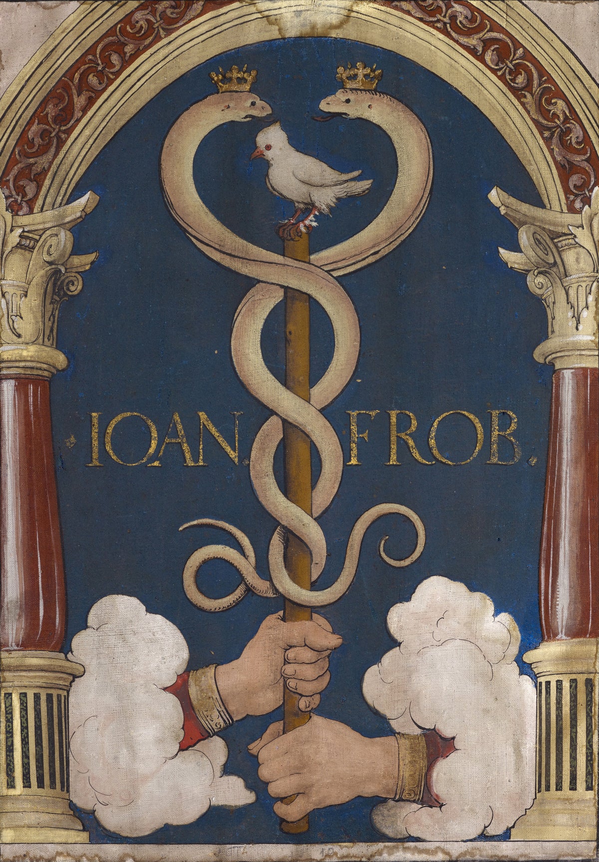 Impresa of the Basel Book Printer Johann Froben by Hans Holbein the Younger — Crowned serpents wind round a staff topped by a white dove