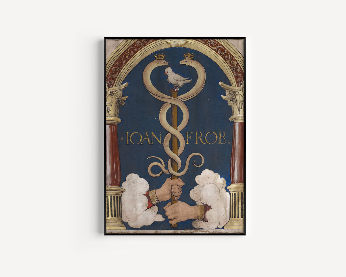 Framed art print of Impresa of the Basel Book Printer Johann Froben by Hans Holbein the Younger, in a slim black frame on a plain white wall