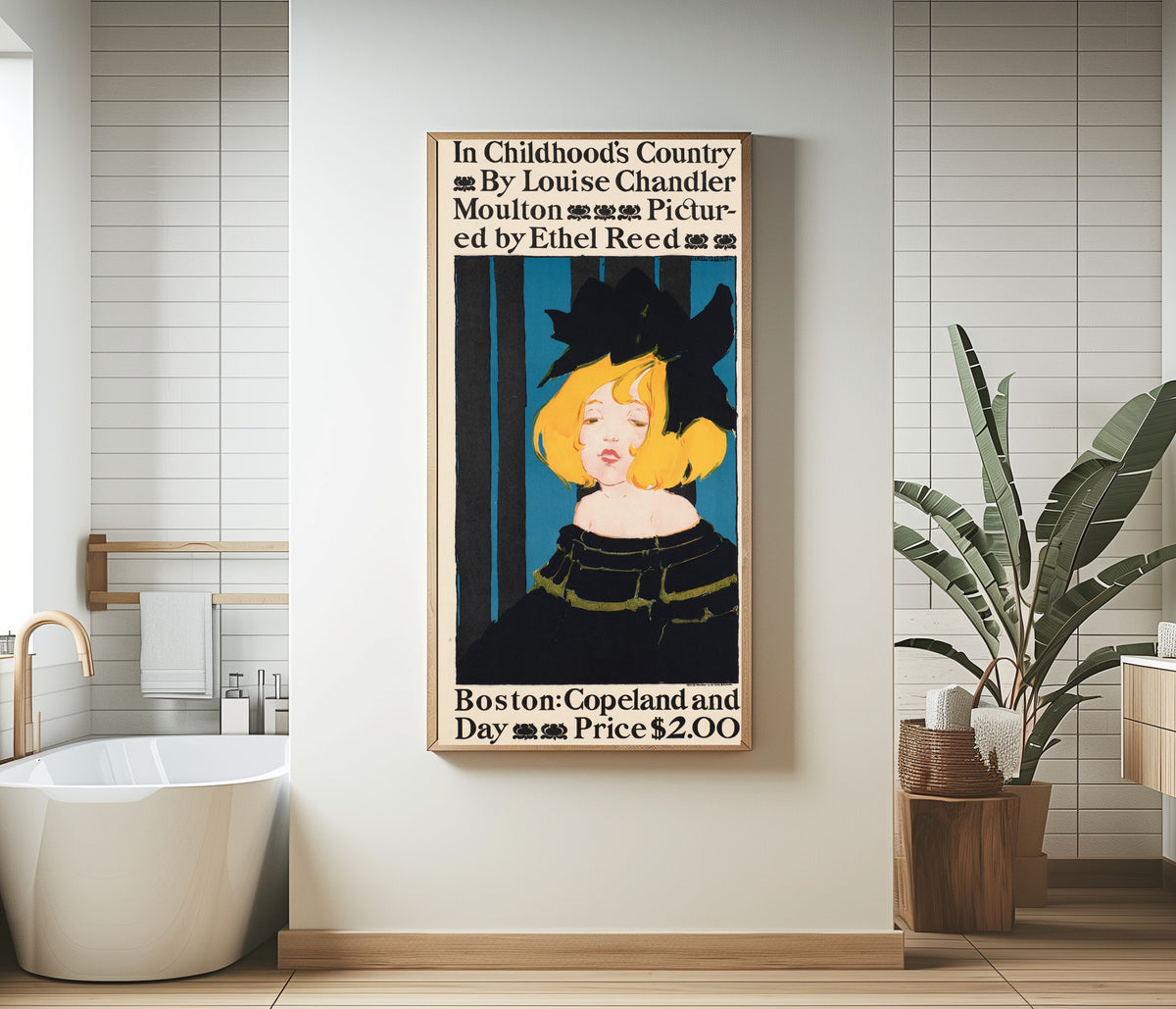 Framed art print of In Childhood's Country by Louise Chandler Moulton by Ethel Reed, in a bathroom beside a freestanding tub