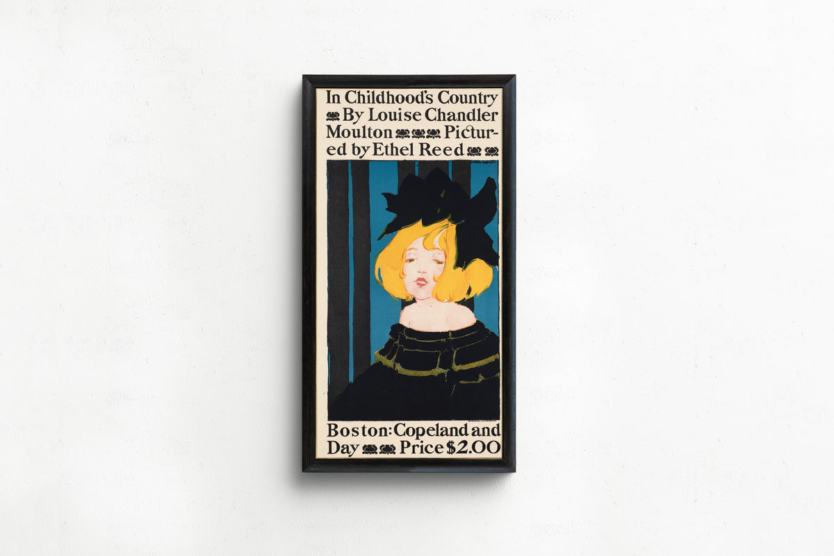Framed art print of In Childhood's Country by Louise Chandler Moulton by Ethel Reed, in a slim black frame on a plain white wall