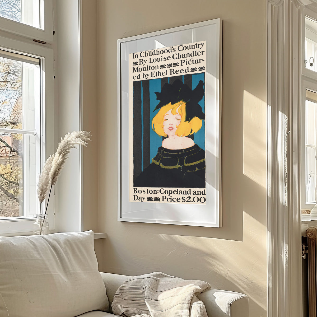 Framed art print of In Childhood's Country by Louise Chandler Moulton by Ethel Reed, in a sunlit living room above a sofa
