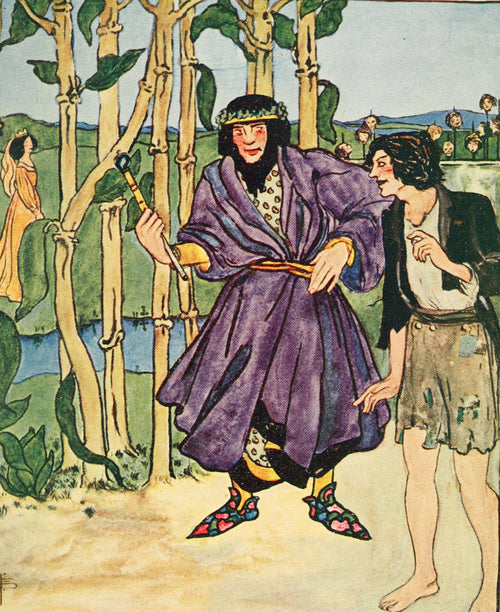 In Chimney Corners: Ye Never Saw More Wonderful Beanstalks by Pamela Colman Smith — A king in a purple robe and a barefoot lad stand among tall beanstalks