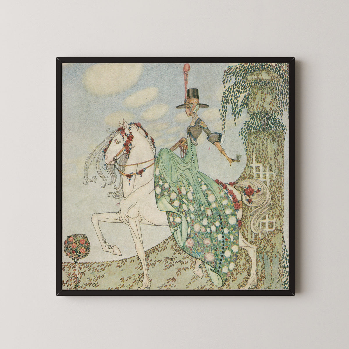 Framed art print of In Powder and Crinoline: Princess Minon-Minette Rides Out into the World by Kay Nielsen, in a black frame on a pale wall