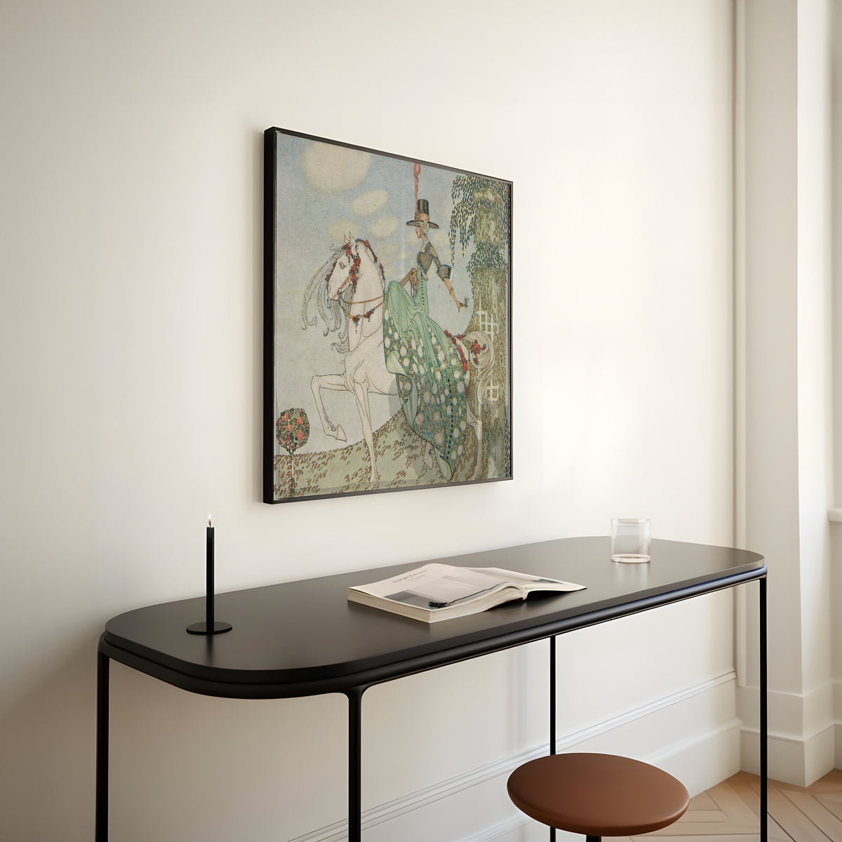 Framed art print of In Powder and Crinoline: Princess Minon-Minette Rides Out into the World by Kay Nielsen, above a slim black console table