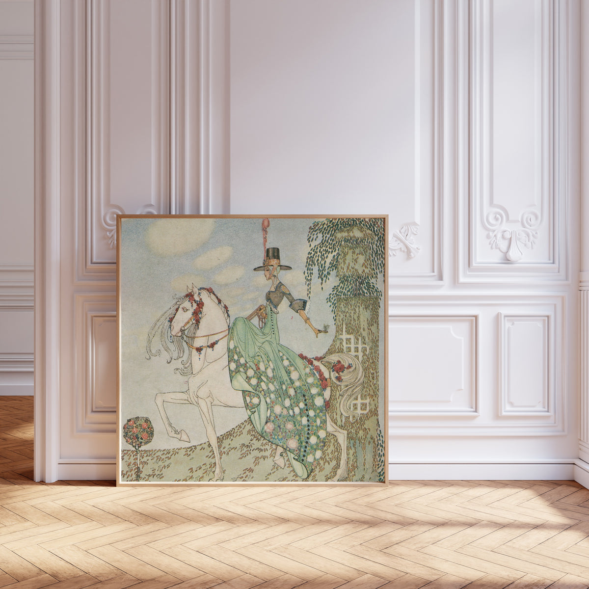 Framed art print of In Powder and Crinoline: Princess Minon-Minette Rides Out into… by Kay Nielsen, leaning against pale pink panelling on a herringbone floor