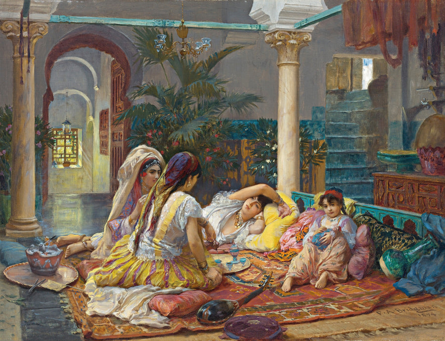 Frederick Arthur Bridgman — In the Harem | Art Print shown to scale on a wall above a sofa