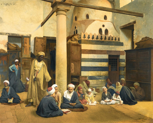 In the Madrasa by Ludwig Deutsch — Pupils of every age read on straw mats in a sunlit school courtyard