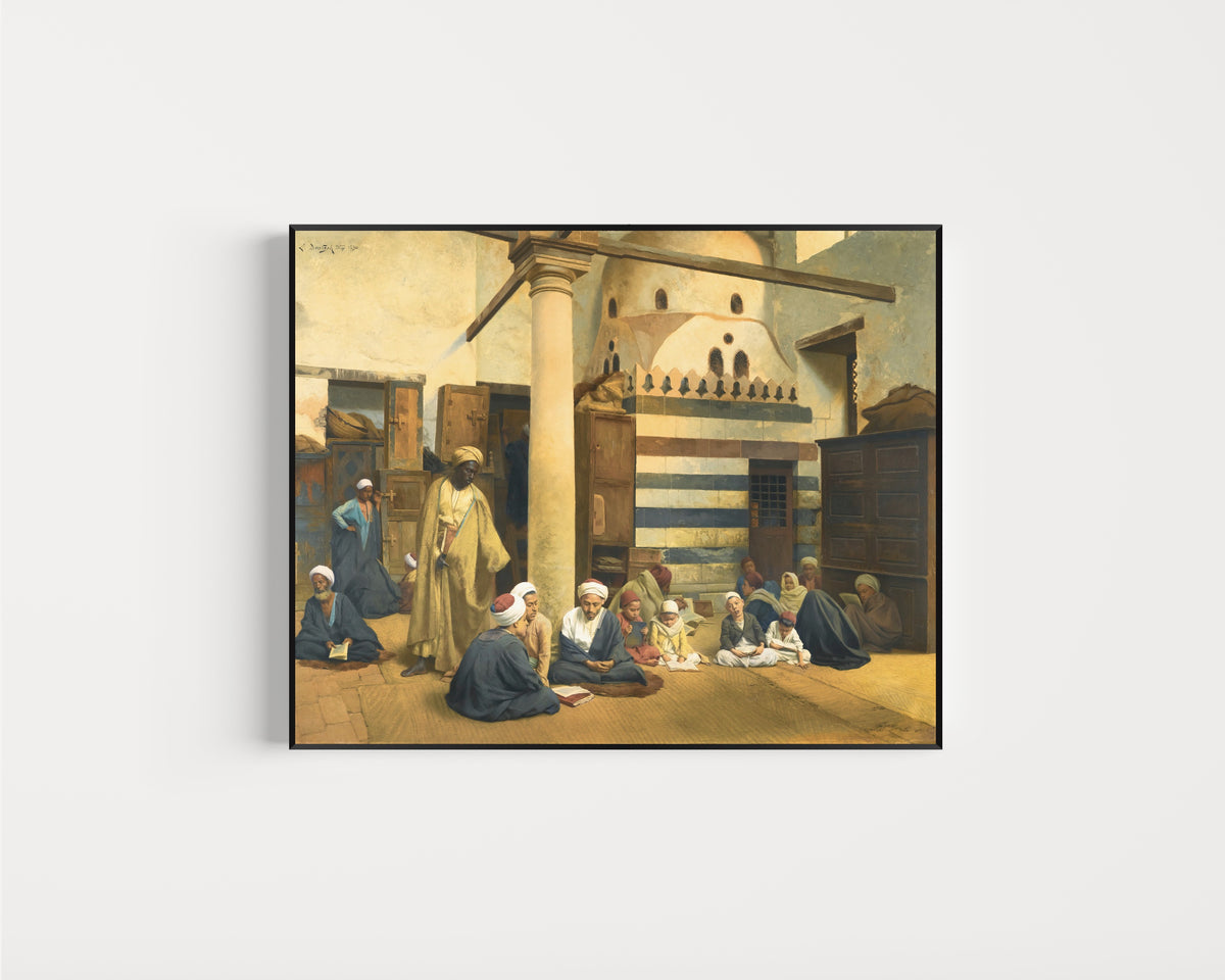 Framed art print of In the Madrasa by Ludwig Deutsch, in a slim black frame on a plain white wall