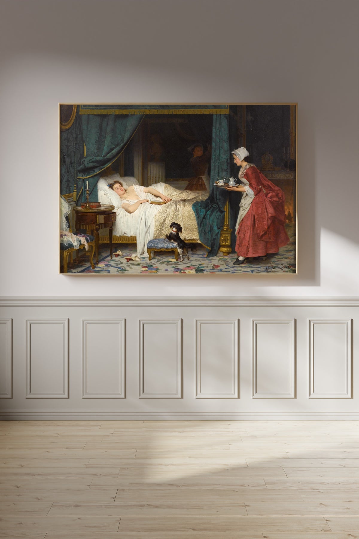 Framed art print of In the Morning by Joseph Caraud, on a panelled wall in afternoon light
