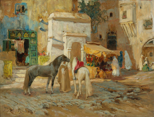 In the Souk, Algiers (The Market Square) by Frederick Arthur Bridgman — A grey horse and a white horse wait in a sunlit Algiers market square