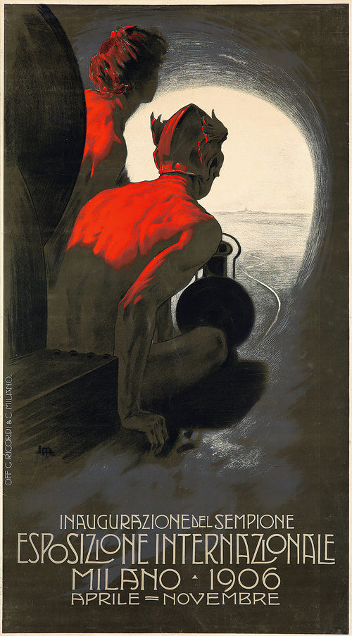 Inaugurazione del Sempione: Esposizione Internazionale, Milano 1906 by Leopoldo Metlicovitz — Two men crouch at a train's front, watching a tunnel mouth glow