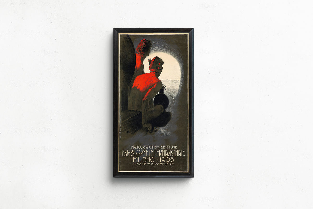 Framed art print of Inaugurazione del Sempione: Esposizione Internazionale, Milano 1906 by Leopoldo Metlicovitz, in a slim black frame on a plain white wall