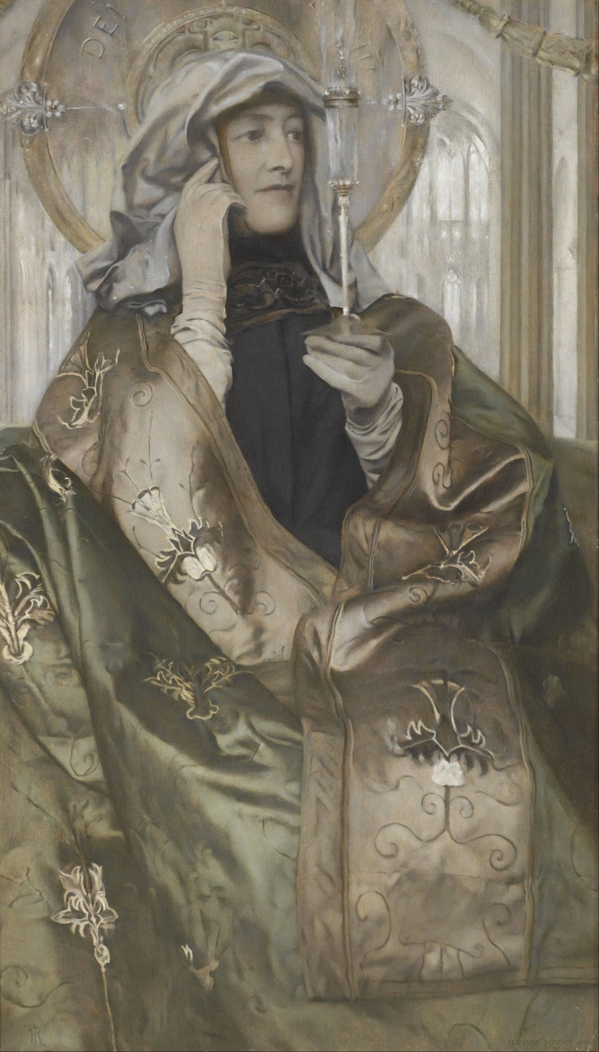 Incense by Fernand Khnopff — A hooded woman holds a slender glass vessel in a gothic church