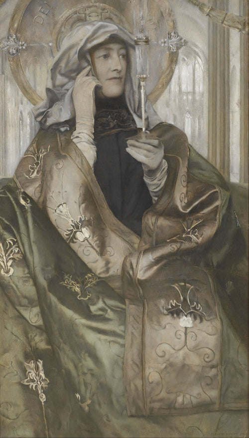 Incense by Fernand Khnopff — A hooded woman holds a slender glass vessel in a gothic church
