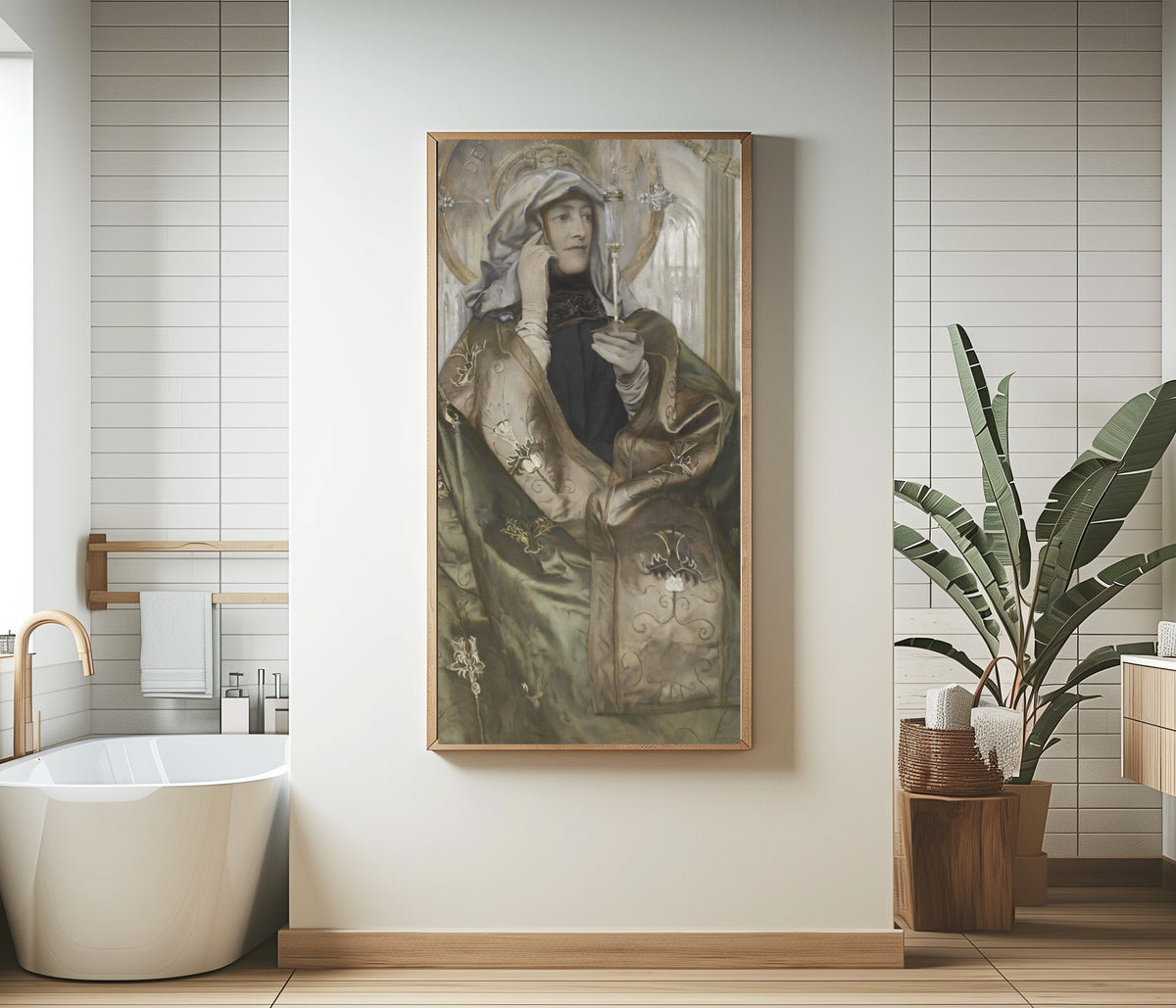 Framed art print of Incense by Fernand Khnopff, in a bathroom beside a freestanding tub