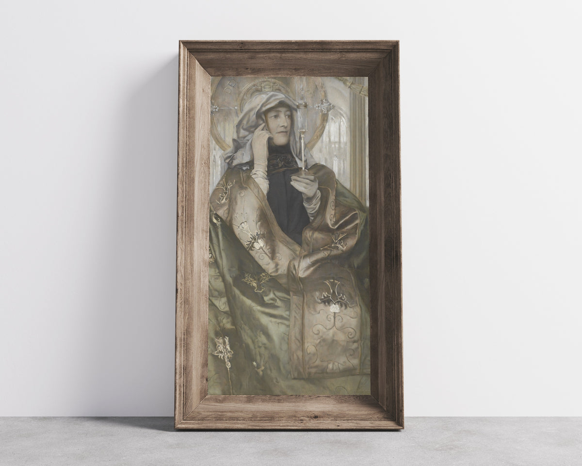 Framed art print of Incense by Fernand Khnopff, in a wide wooden frame leaning against a concrete wall