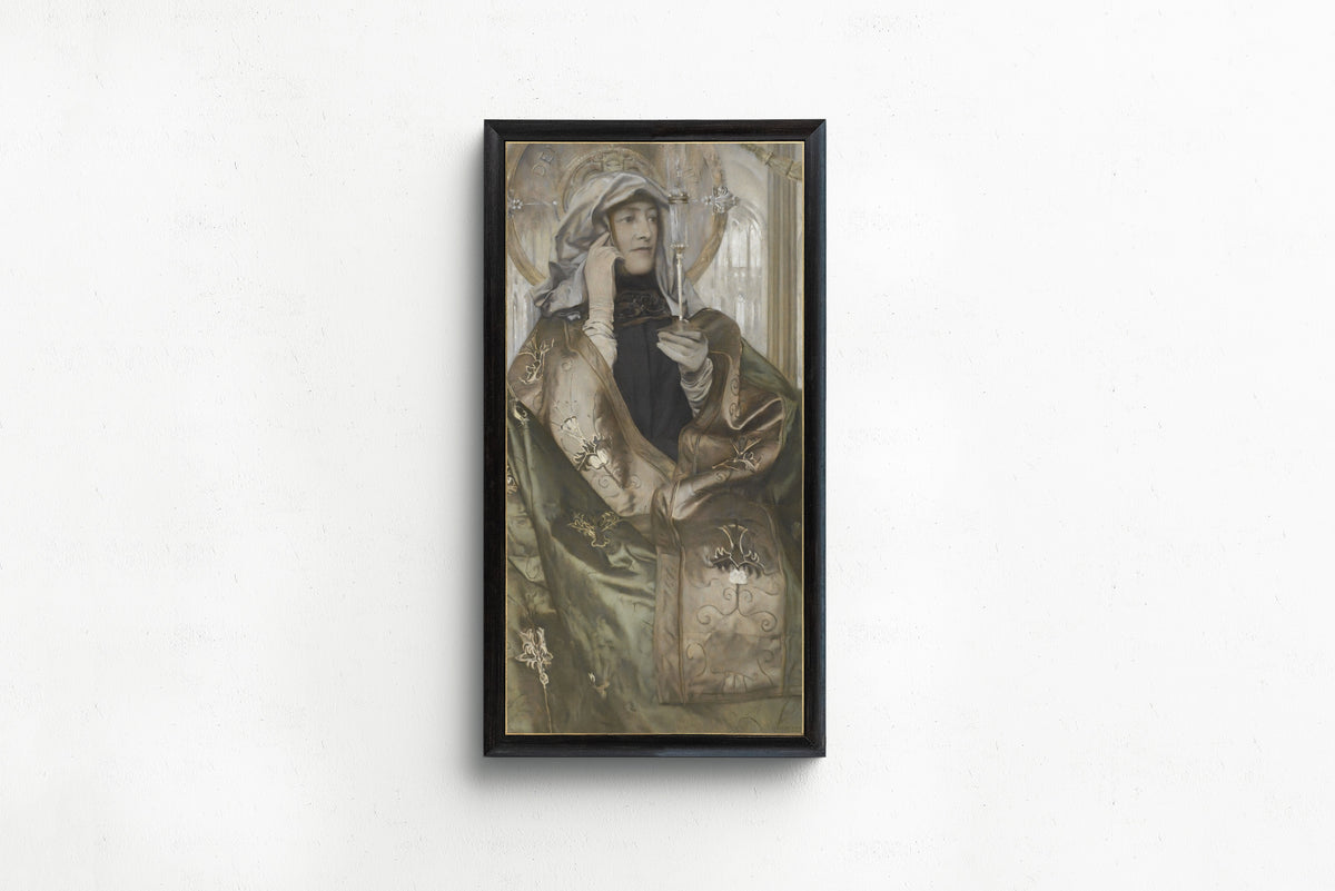 Framed art print of Incense by Fernand Khnopff, in a slim black frame on a plain white wall