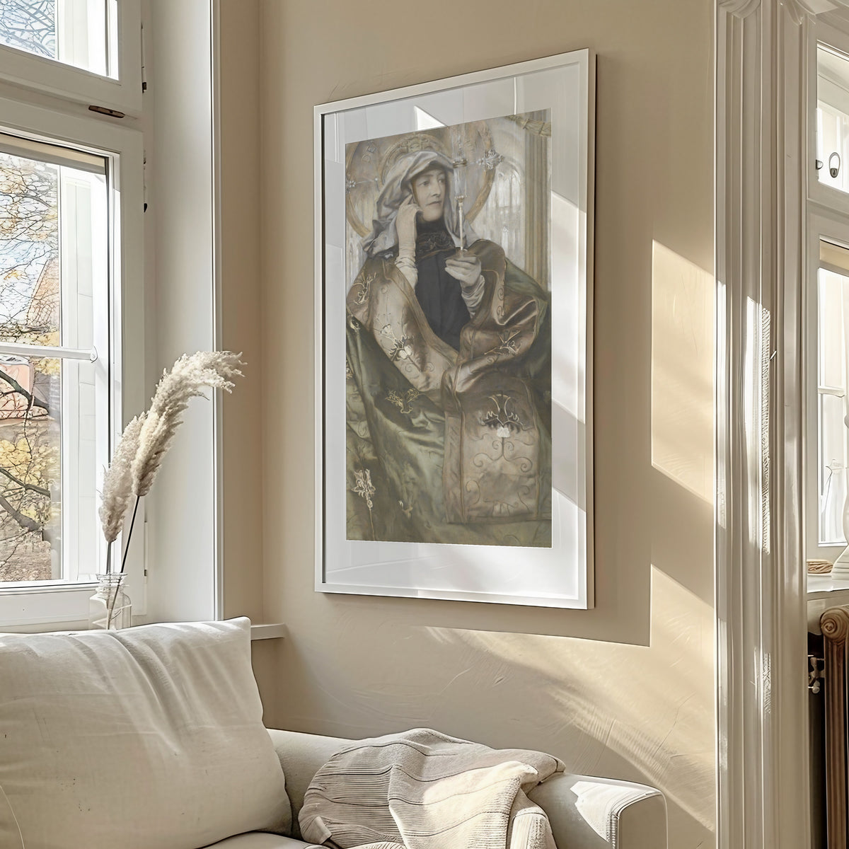 Framed art print of Incense by Fernand Khnopff, in a sunlit living room above a sofa