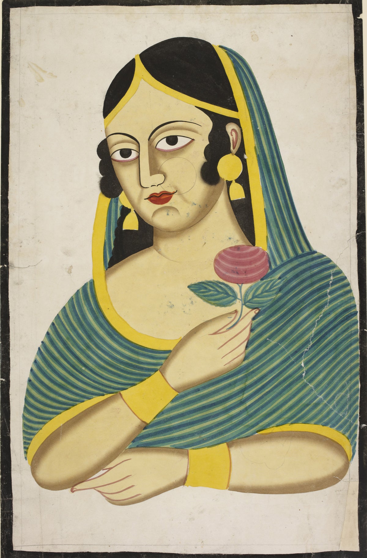 Kalighat painter — Indian Courtesan, Head and Shoulders, a Rose in Her Hand | Kalighat Painting Print