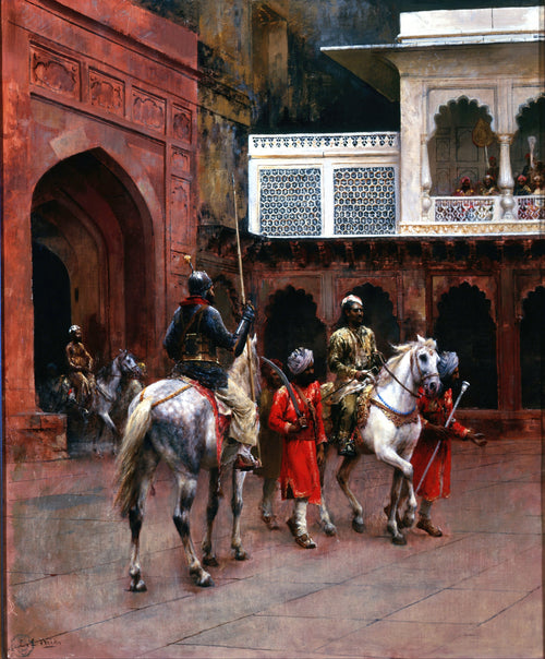 Indian Prince, Palace of Agra by Edwin Lord Weeks — Riders and red-coated attendants cross a palace court at Agra