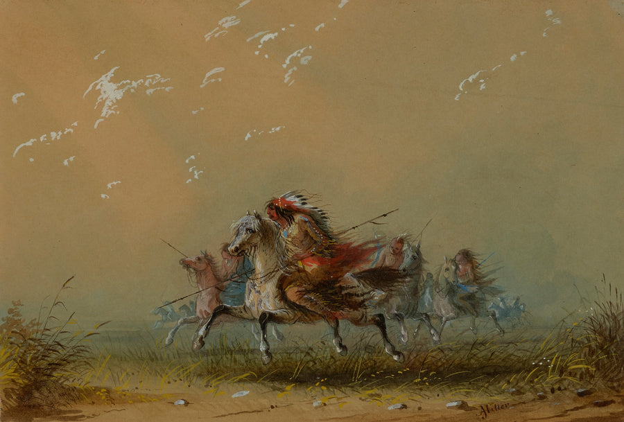 Alfred Jacob Miller — Indians on the War Path | Western Art Print shown to scale on a wall above a sofa