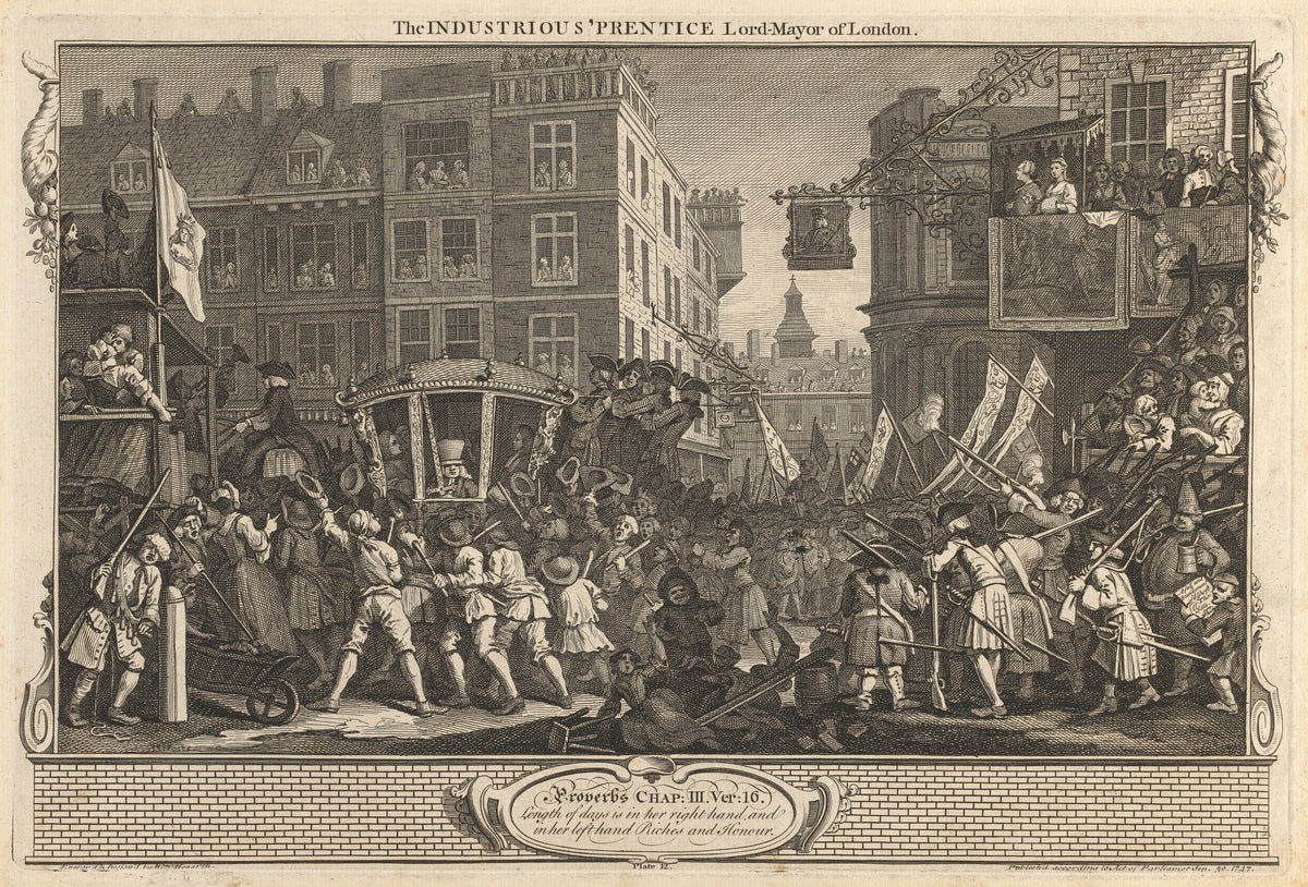 Industry and Idleness, Plate 12: The Industrious 'Prentice Lord Mayor of London by William Hogarth — A gilded coach shoves through a packed London street
