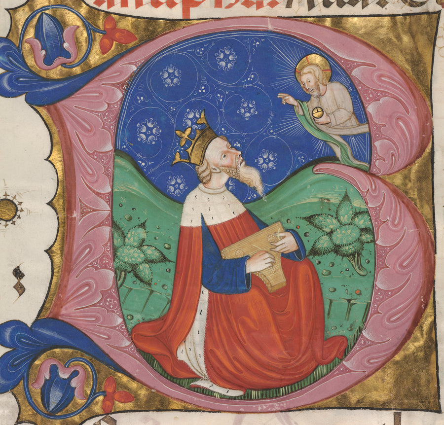 Master of the 'Vitae Imperatorum' — Initial B (Beatus Vir) from a Choir Psalter | Illuminated Initial Print shown to scale on a wall above a sofa