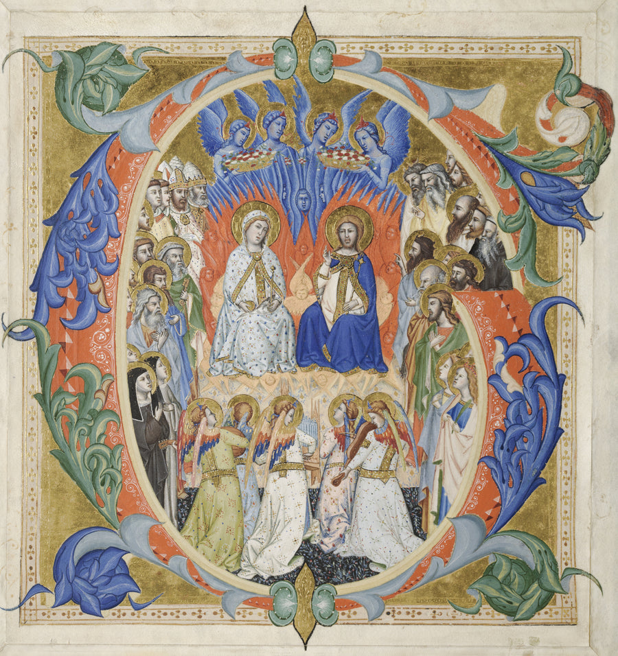 Don Silvestro de' Gherarducci — Initial G from a Gradual: The Court of Heaven | Illuminated Initial Print shown to scale on a wall above a sofa