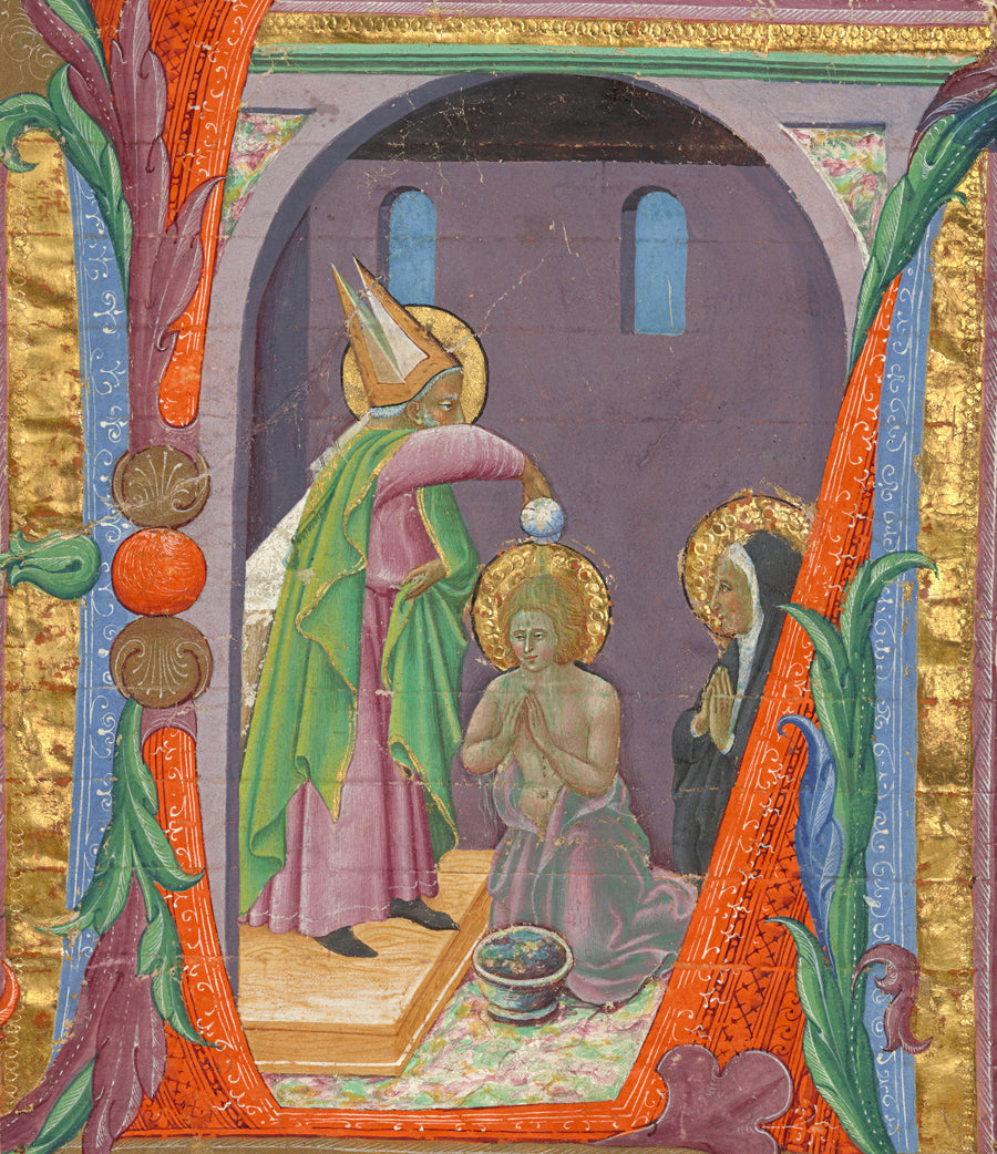 Master of the Osservanza — Initial L: The Baptism of Saint Augustine | Illuminated Initial Print shown to scale on a wall above a sofa