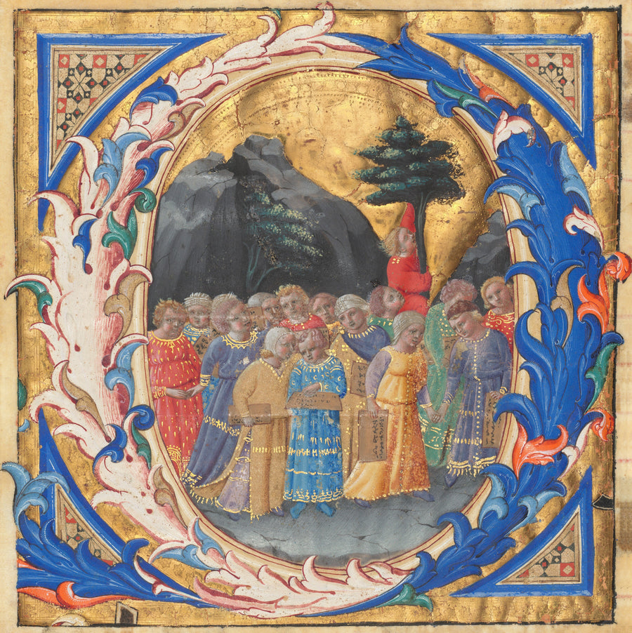 Zanobi Strozzi — Initial Q with a Procession of Children | Illuminated Initial Print shown to scale on a wall above a sofa