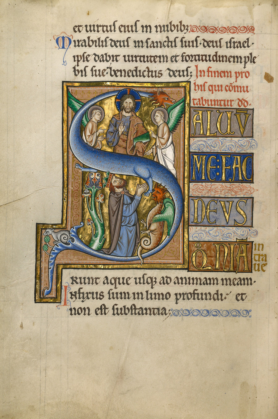 Master of the Ingeborg Psalter — Initial S: David in Prayer | Illuminated Initial Print shown to scale on a wall above a sofa