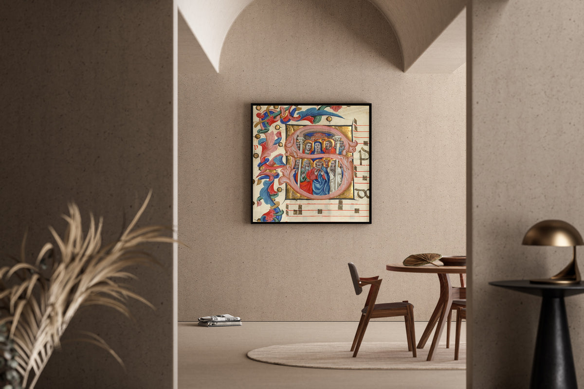 Framed art print of Initial S: Pentecost by Niccolò di Giacomo da Bologna, in a sunlit dining corner