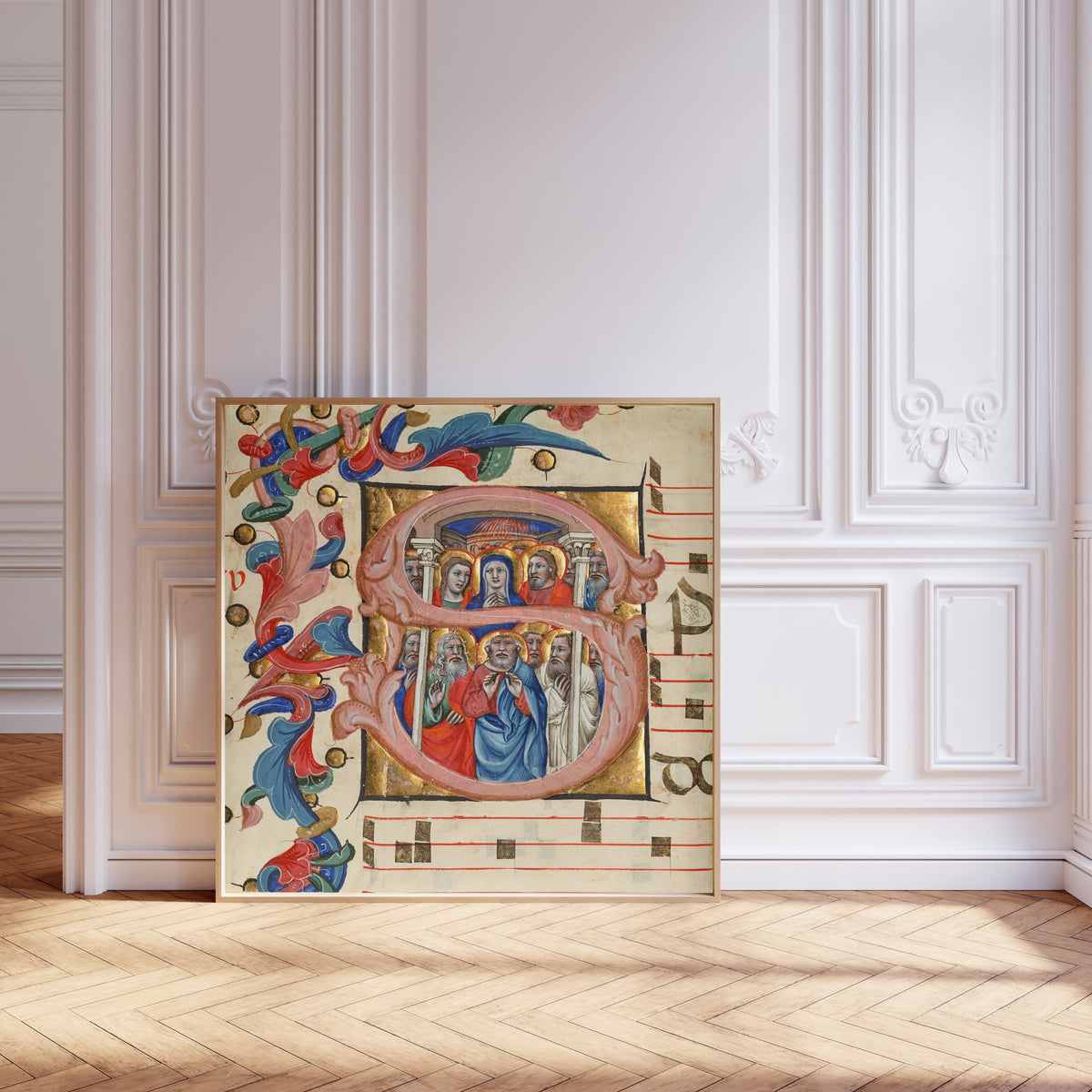Framed art print of Initial S: Pentecost by Niccolò di Giacomo da Bologna, leaning against pale pink panelling on a herringbone floor